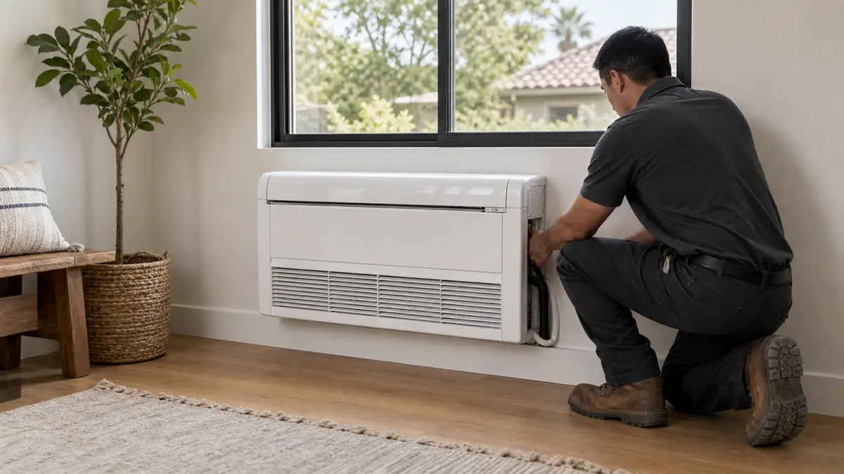 Illustration of a Mitsubishi MFZ floor-mount console in a West Covina living room