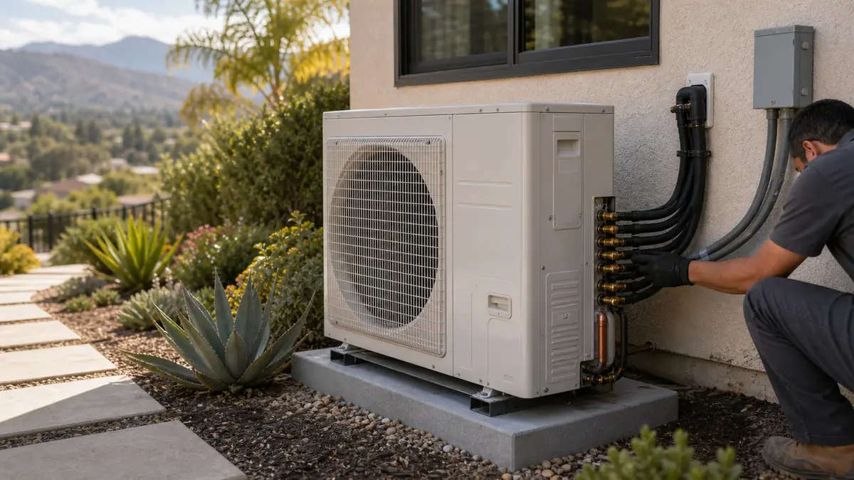 Illustration of a Mitsubishi H2i Hyper-Heat outdoor heat pump at a West Covina home