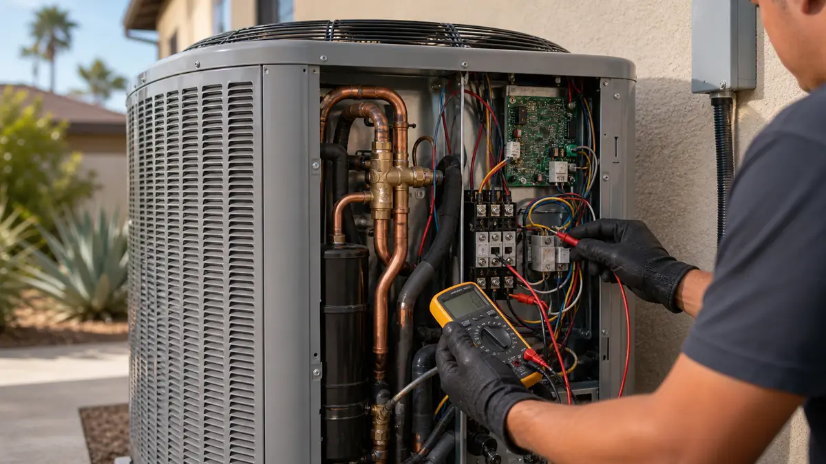 Illustration of Mitsubishi heat pump outdoor unit repair in West Covina, CA